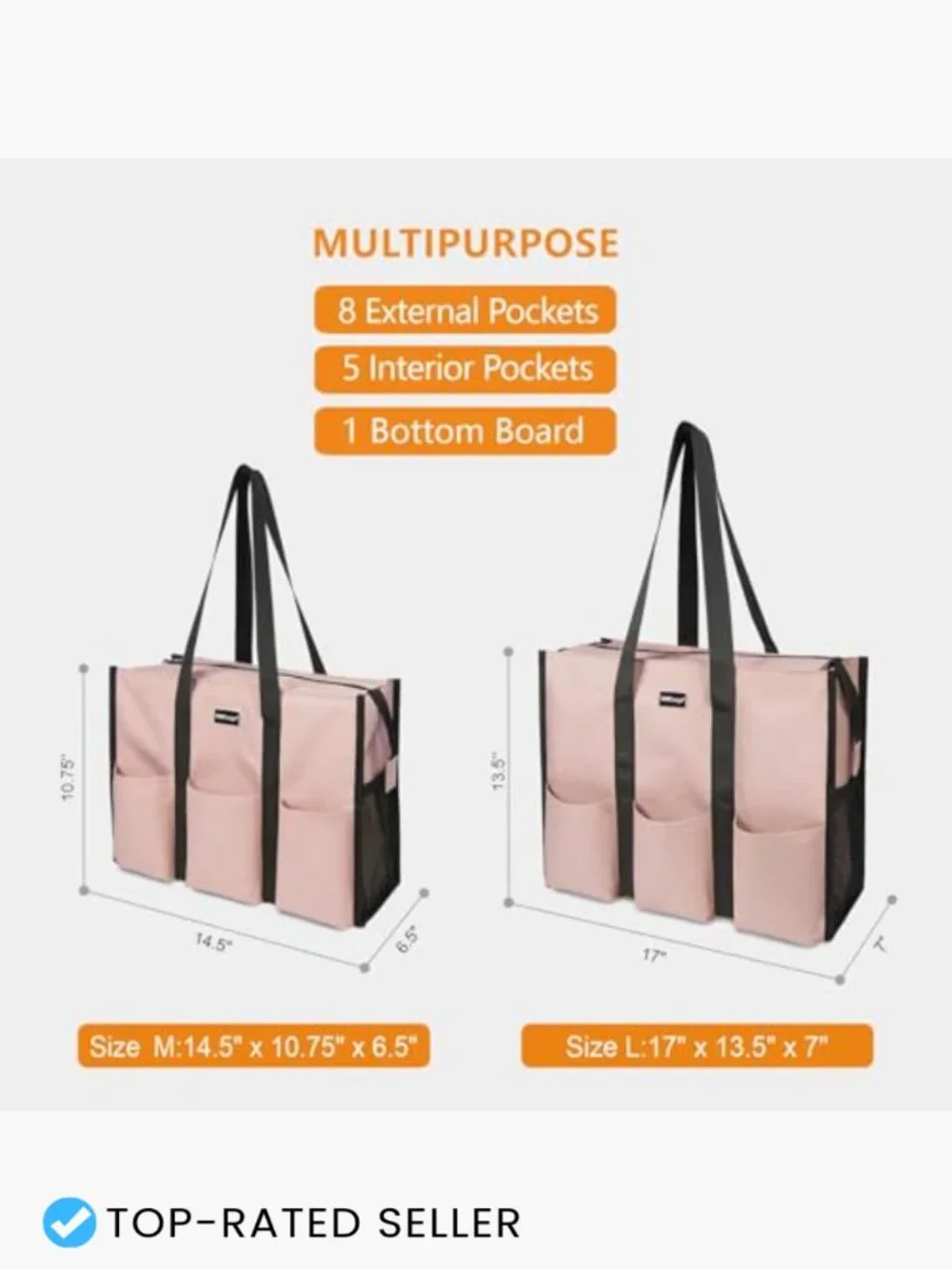 Utility Water Resistant Tote Bag with 13 Pockets, Top Zipper Closure, Thick